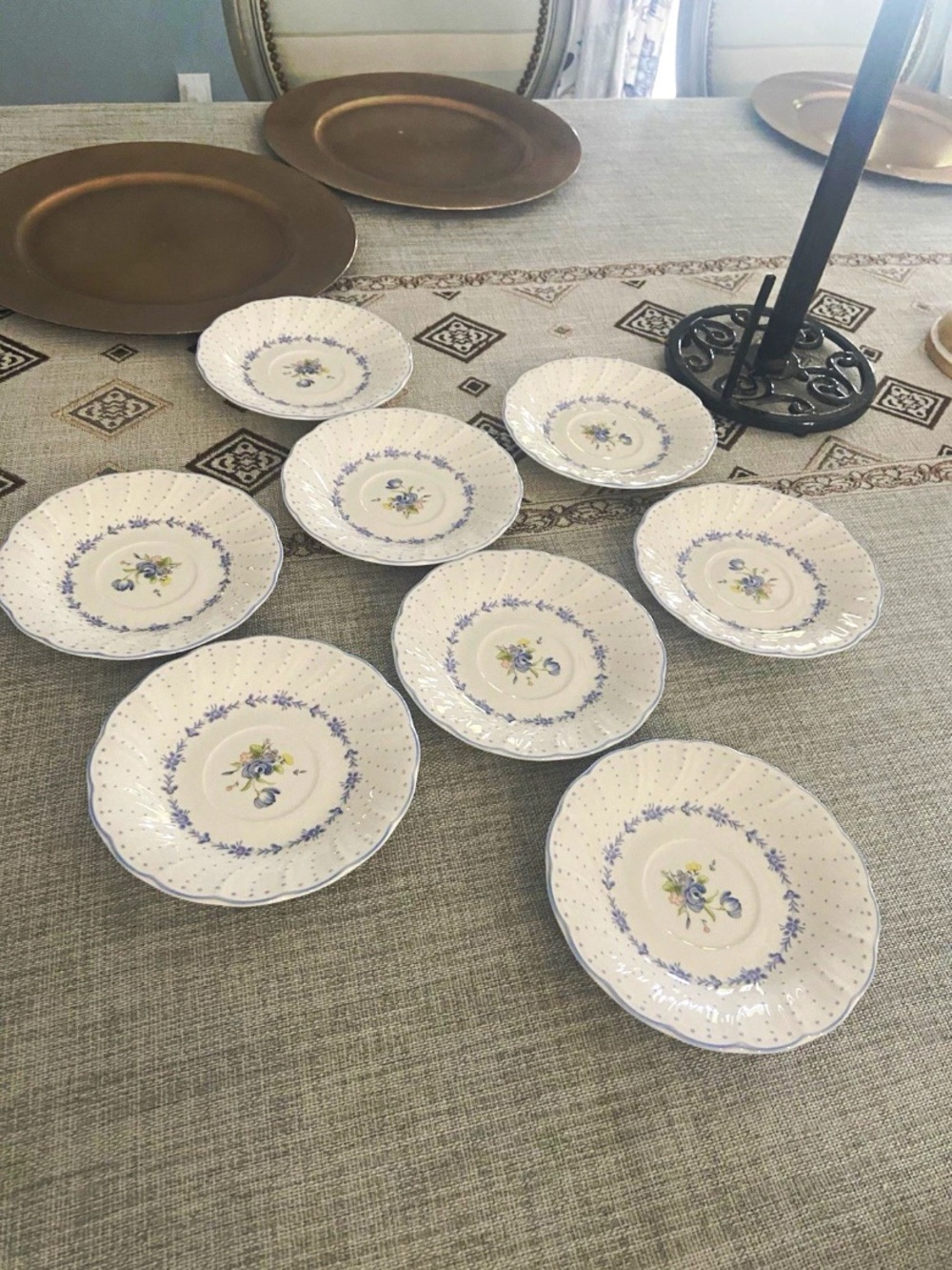 Nikko Ceramics White Dessert Plates with Blue and Yellow Floral Motif - Set of 8